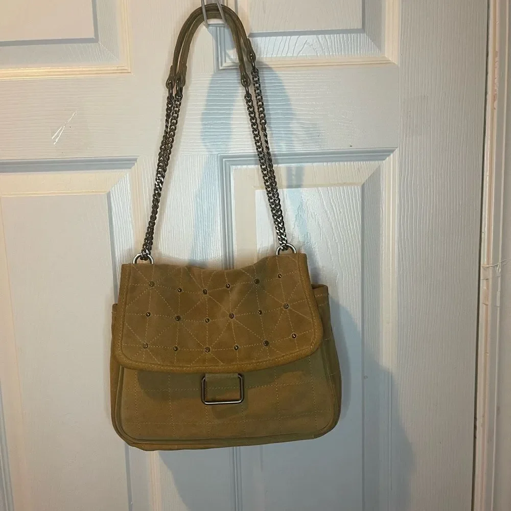 Zara leather suede Khaki quilted stitching & silver studs accents crossbody bag